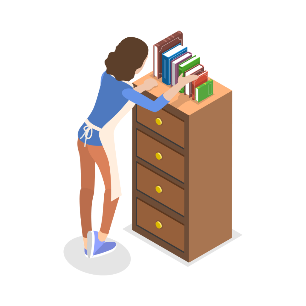 Una mujer limpiando y ordenando cuidadosamente una estantería de libros, representando el perfeccionismo y la búsqueda de la perfección en los detalles.